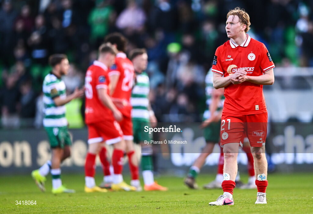 6 April 2026; Jack Henry-Francis of Shelbourne after his side's defeat in the SSE Airtricity Men's Premier Division match between Shamrock Rovers and Shelbourne at Tallaght Stadium in Dublin. Photo by Piaras Ó Mídheach/Sportsfile