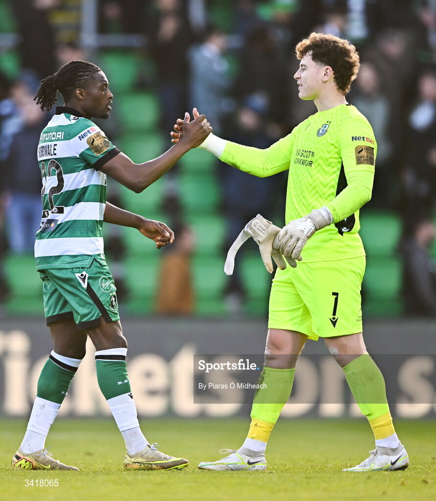 6 April 2026; Shamrock Rovers players Tunmise Sobowale, left, and Ed McGinty after their side's victory in the SSE Airtricity Men's Premier Division match between Shamrock Rovers and Shelbourne at Tallaght Stadium in Dublin. Photo by Piaras Ó Mídheach/Sportsfile