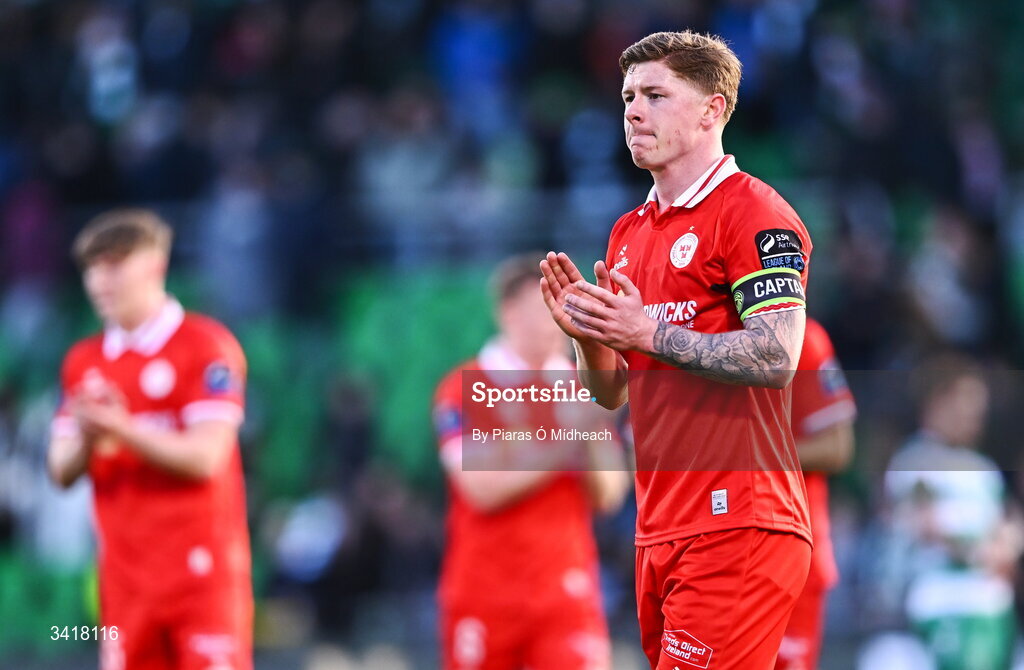 6 April 2026; Kameron Ledwidge of Shelbourne after his side's defeat in the SSE Airtricity Men's Premier Division match between Shamrock Rovers and Shelbourne at Tallaght Stadium in Dublin. Photo by Piaras Ó Mídheach/Sportsfile