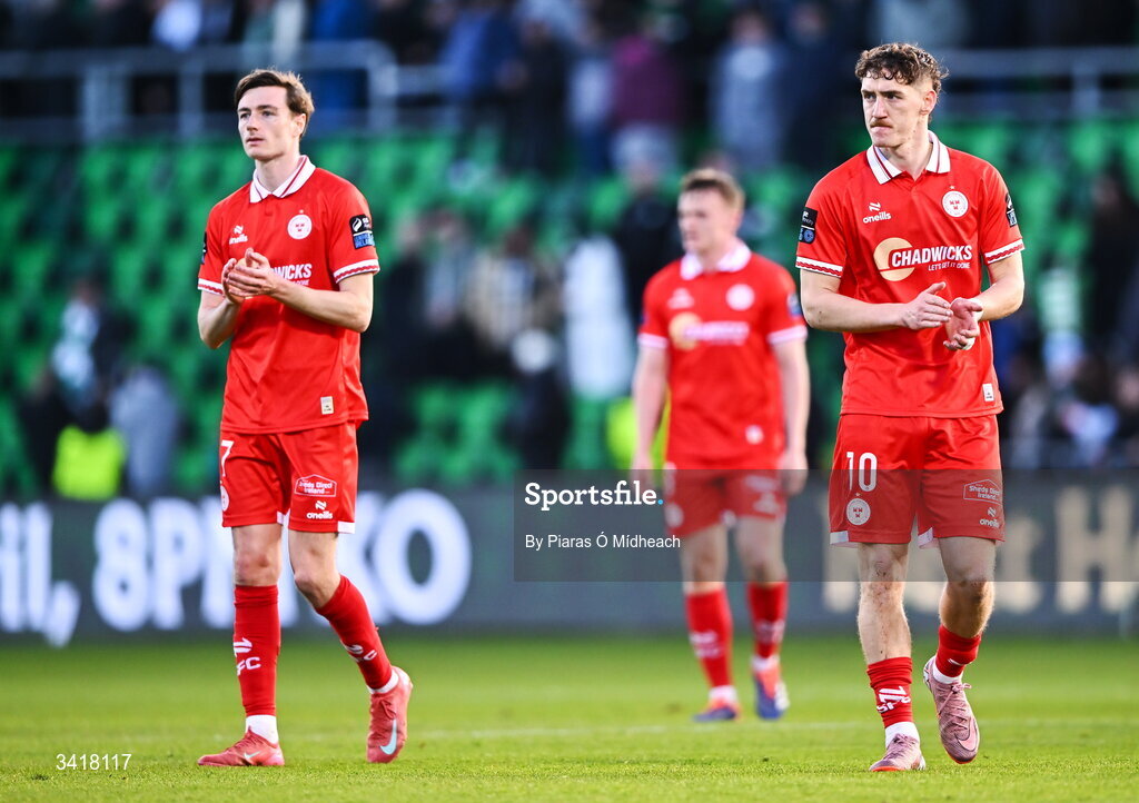 6 April 2026; Shelbourne players John Martin, right, and Daniel Kelly after their side's defeat in the SSE Airtricity Men's Premier Division match between Shamrock Rovers and Shelbourne at Tallaght Stadium in Dublin. Photo by Piaras Ó Mídheach/Sportsfile