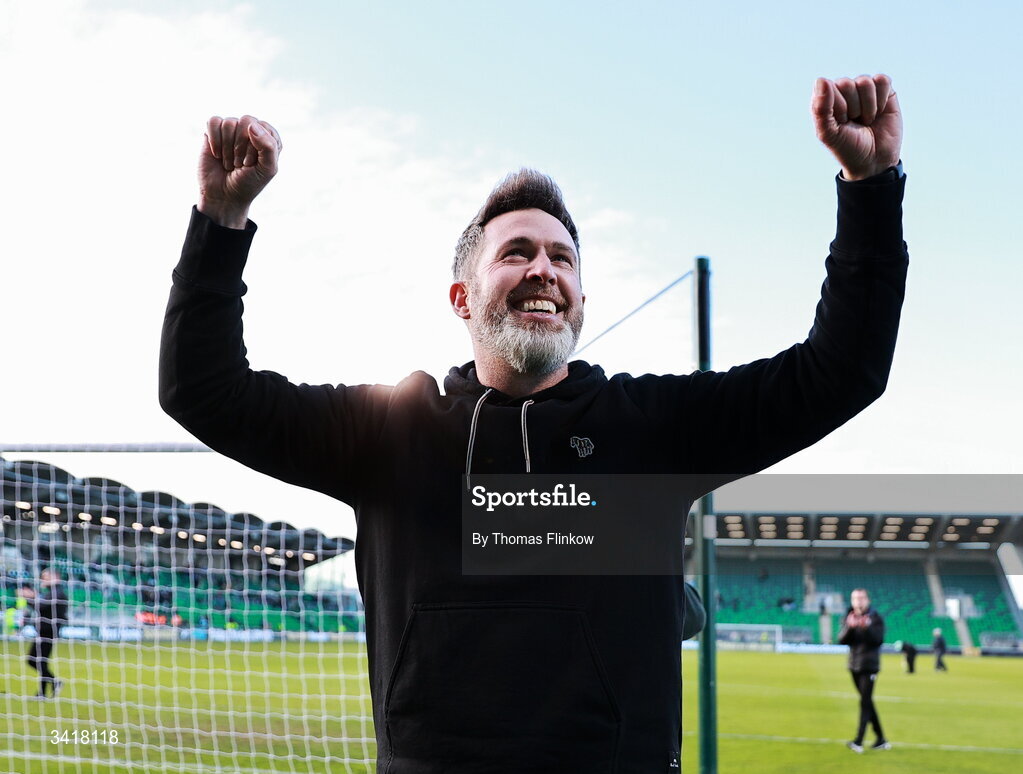 6 April 2026; Shamrock Rovers manager Stephen Bradley celebrates after his side's victory in the SSE Airtricity Men's Premier Division match between Shamrock Rovers and Shelbourne at Tallaght Stadium in Dublin. Photo by Thomas Flinkow/Sportsfile