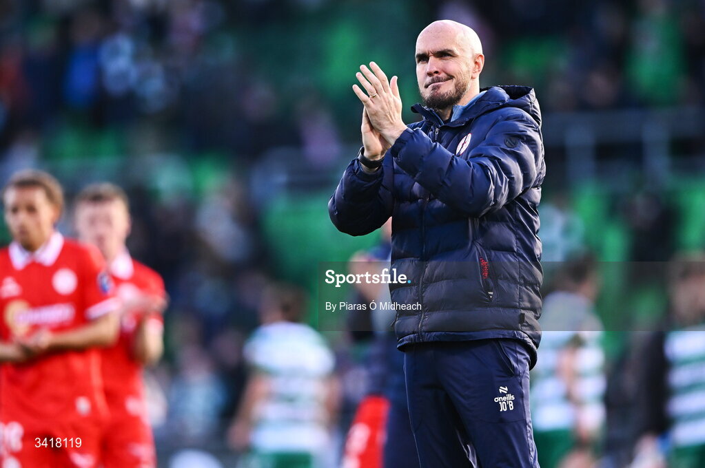 6 April 2026; Shelbourne head coach Joey O'Brien after his side's defeat in the SSE Airtricity Men's Premier Division match between Shamrock Rovers and Shelbourne at Tallaght Stadium in Dublin. Photo by Piaras Ó Mídheach/Sportsfile
