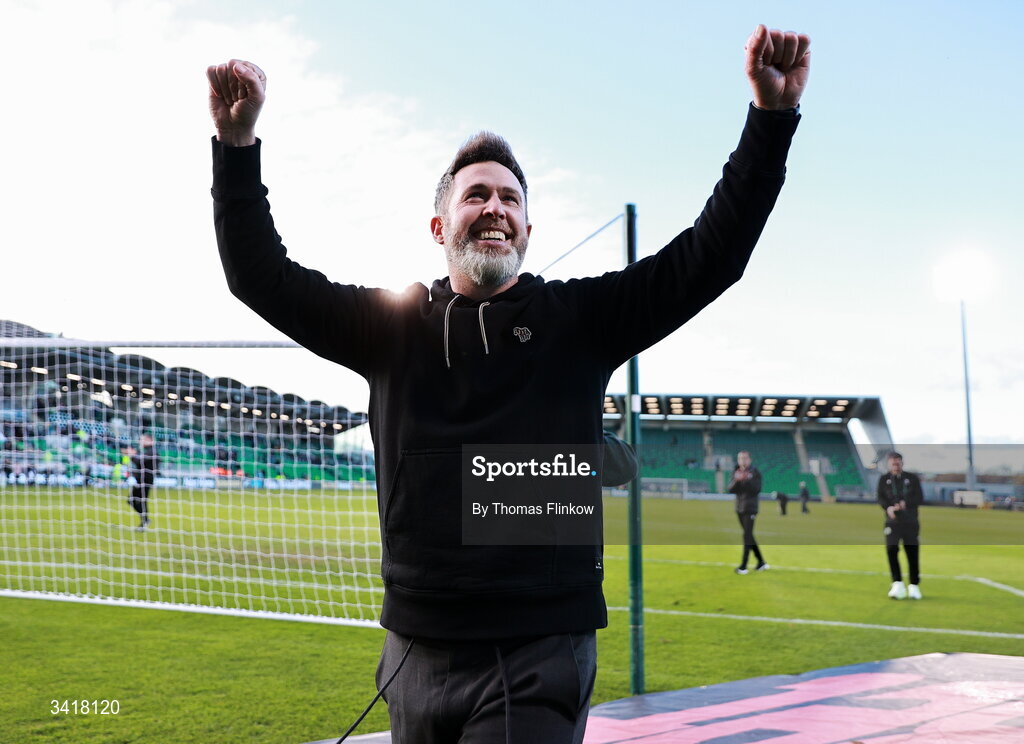 6 April 2026; Shamrock Rovers manager Stephen Bradley celebrates after his side's victory in the SSE Airtricity Men's Premier Division match between Shamrock Rovers and Shelbourne at Tallaght Stadium in Dublin. Photo by Thomas Flinkow/Sportsfile