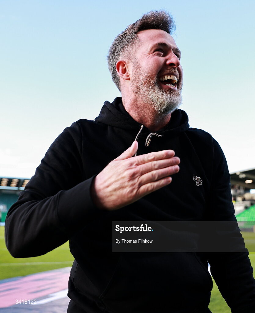 6 April 2026; Shamrock Rovers manager Stephen Bradley celebrates after his side's victory in the SSE Airtricity Men's Premier Division match between Shamrock Rovers and Shelbourne at Tallaght Stadium in Dublin. Photo by Thomas Flinkow/Sportsfile