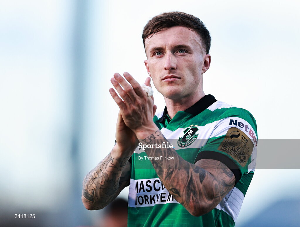6 April 2026; Danny Grant of Shamrock Rovers applauds supporters after his side's victory in the SSE Airtricity Men's Premier Division match between Shamrock Rovers and Shelbourne at Tallaght Stadium in Dublin. Photo by Thomas Flinkow/Sportsfile