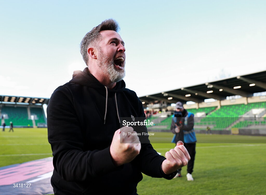 6 April 2026; Shamrock Rovers manager Stephen Bradley celebrates after his side's victory in the SSE Airtricity Men's Premier Division match between Shamrock Rovers and Shelbourne at Tallaght Stadium in Dublin. Photo by Thomas Flinkow/Sportsfile