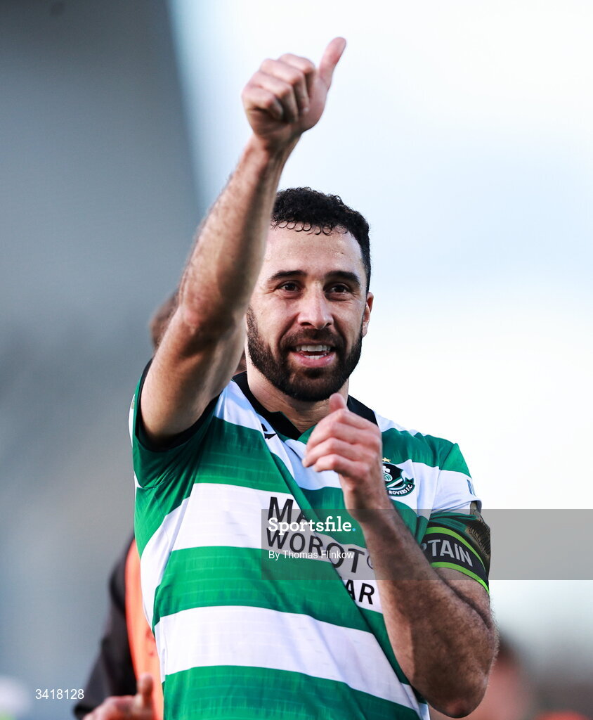 6 April 2026; Roberto Lopes of Shamrock Rovers applauds supporters after his side's victory in the SSE Airtricity Men's Premier Division match between Shamrock Rovers and Shelbourne at Tallaght Stadium in Dublin. Photo by Thomas Flinkow/Sportsfile