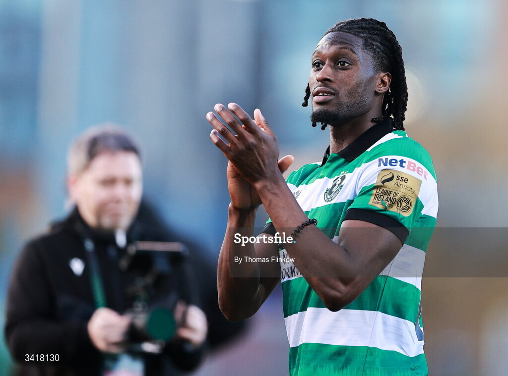 6 April 2026; Tunmise Sobowale of Shamrock Rovers applauds supporters after his side's victory in the SSE Airtricity Men's Premier Division match between Shamrock Rovers and Shelbourne at Tallaght Stadium in Dublin. Photo by Thomas Flinkow/Sportsfile