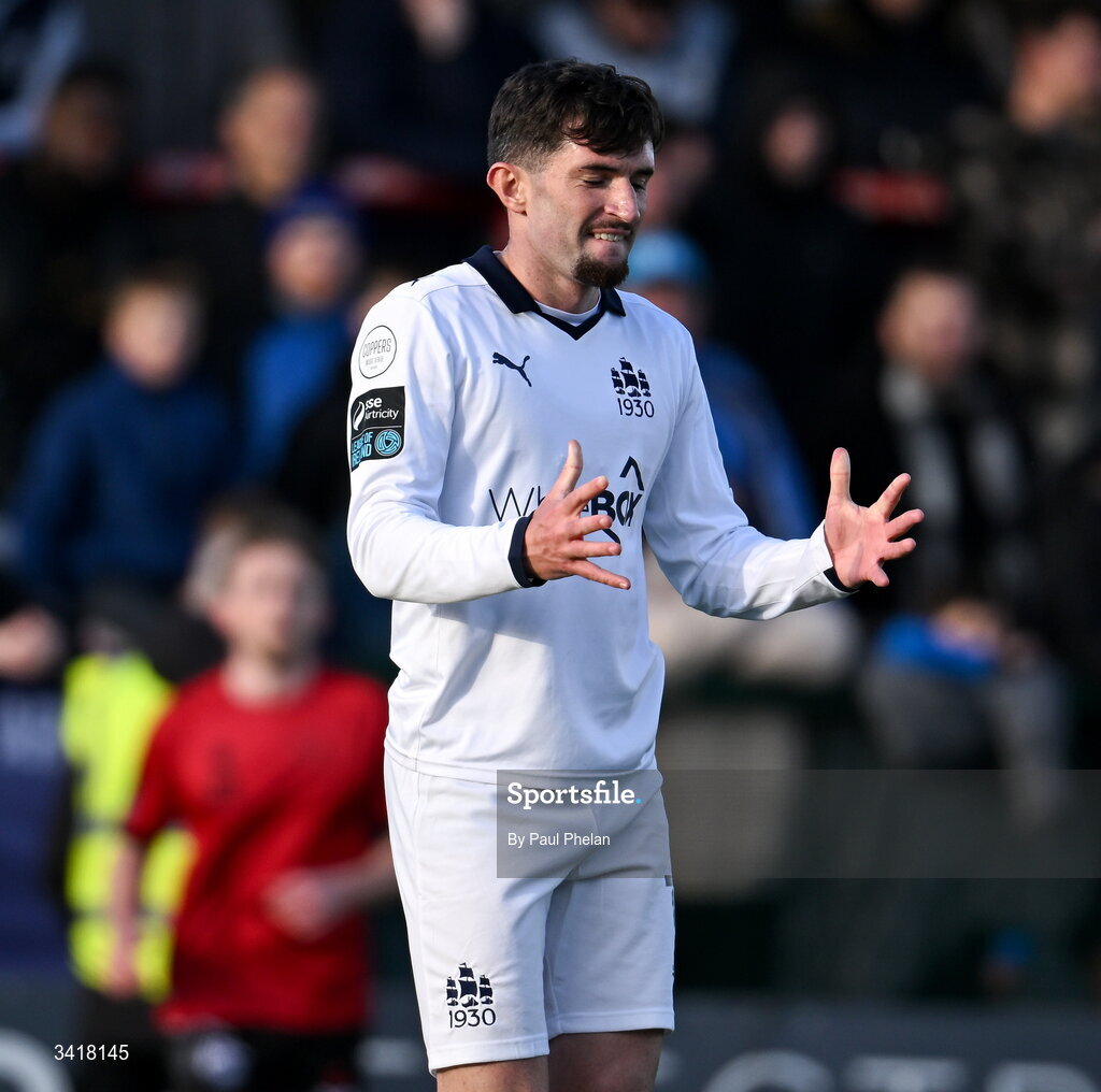 6 April 2026; Luke Heeney of Waterford reacts after Waterford concede a penalty during the SSE Airtricity Men's Premier Division match between Bohemians and Waterford at Dalymount Park in Dublin. Photo by Paul Phelan/Sportsfile