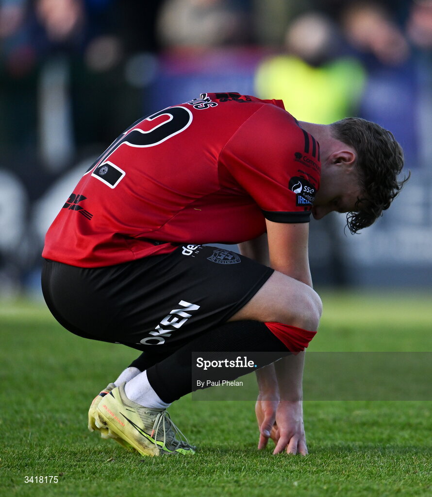 6 April 2026; Markuss Strods of Bohemians reacts after the SSE Airtricity Men's Premier Division match between Bohemians and Waterford at Dalymount Park in Dublin. Photo by Paul Phelan/Sportsfile