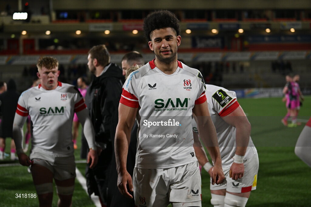 4 April 2026; Cormac Izuchukwu of Ulster during the EPCR Challenge Cup match between Ulster and Ospreys at Affidea Stadium in Belfast. Photo by Ramsey Cardy/Sportsfile