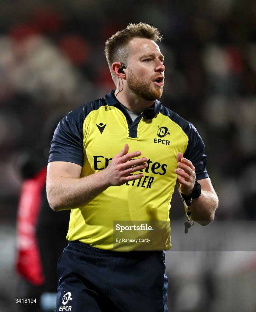 4 April 2026; Referee Anthony Woodthorpe during the EPCR Challenge Cup match between Ulster and Ospreys at Affidea Stadium in Belfast. Photo by Ramsey Cardy/Sportsfile