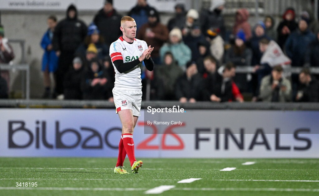 4 April 2026; Nathan Doak of Ulster during the EPCR Challenge Cup match between Ulster and Ospreys at Affidea Stadium in Belfast. Photo by Ramsey Cardy/Sportsfile