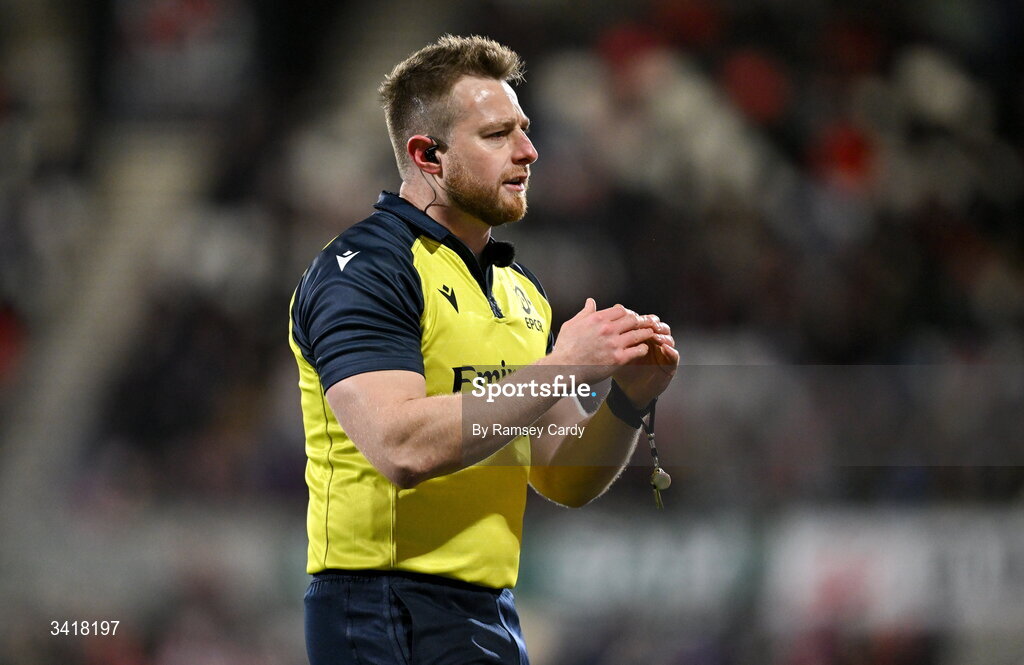 4 April 2026; Referee Anthony Woodthorpe during the EPCR Challenge Cup match between Ulster and Ospreys at Affidea Stadium in Belfast. Photo by Ramsey Cardy/Sportsfile