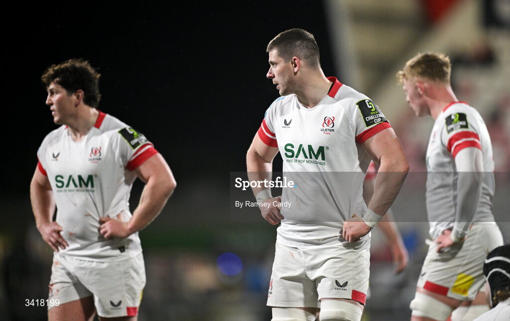 4 April 2026; Nick Timoney, right, and Tom Stewart of Ulster during the EPCR Challenge Cup match between Ulster and Ospreys at Affidea Stadium in Belfast. Photo by Ramsey Cardy/Sportsfile