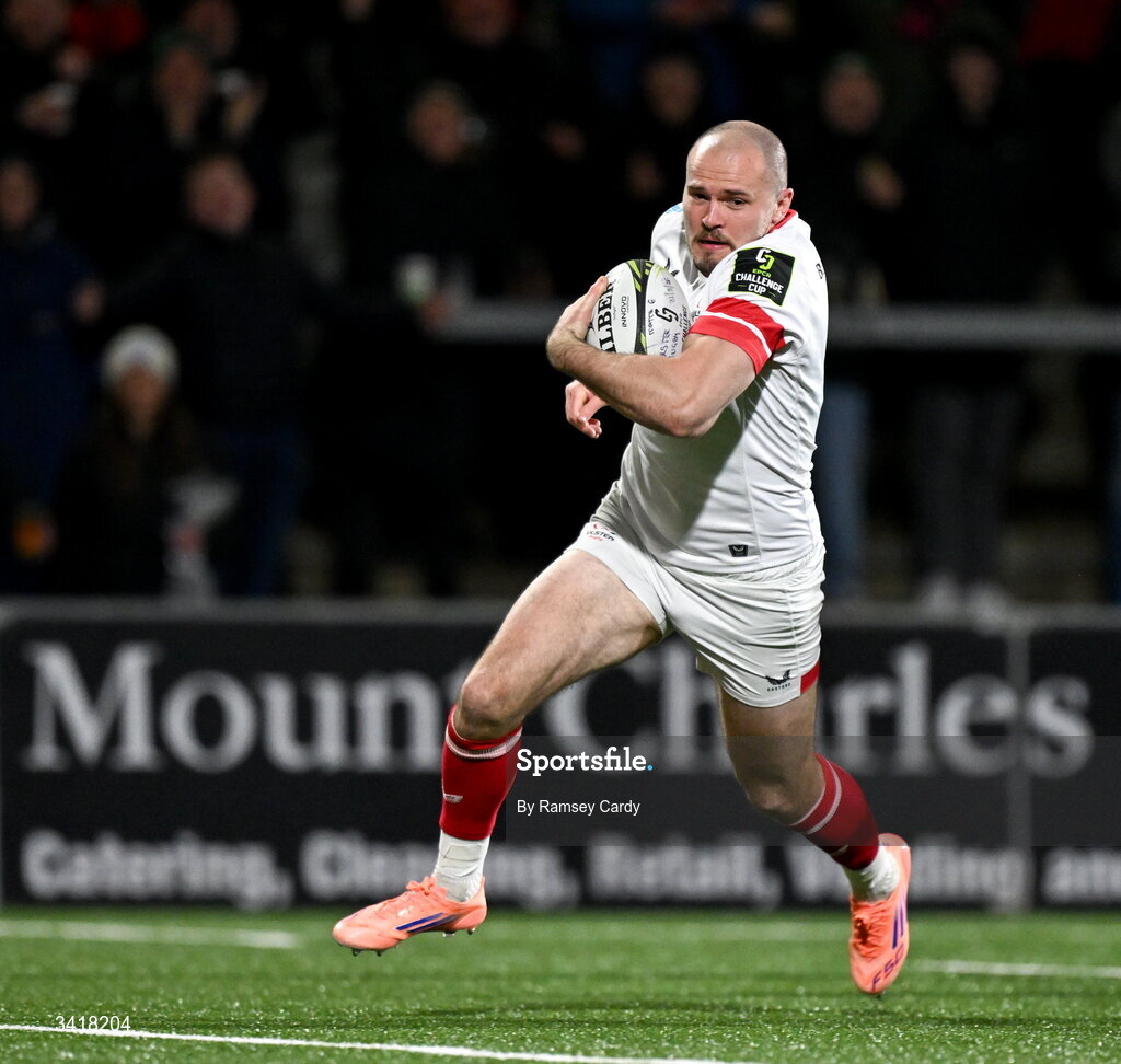 4 April 2026; Jacob Stockdale of Ulster on his way to scoring his side's third try during the EPCR Challenge Cup match between Ulster and Ospreys at Affidea Stadium in Belfast. Photo by Ramsey Cardy/Sportsfile