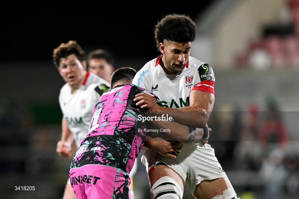 4 April 2026; Cormac Izuchukwu of Ulster is tackled by Rhys Davies of Ospreys during the EPCR Challenge Cup match between Ulster and Ospreys at Affidea Stadium in Belfast. Photo by Ramsey Cardy/Sportsfile