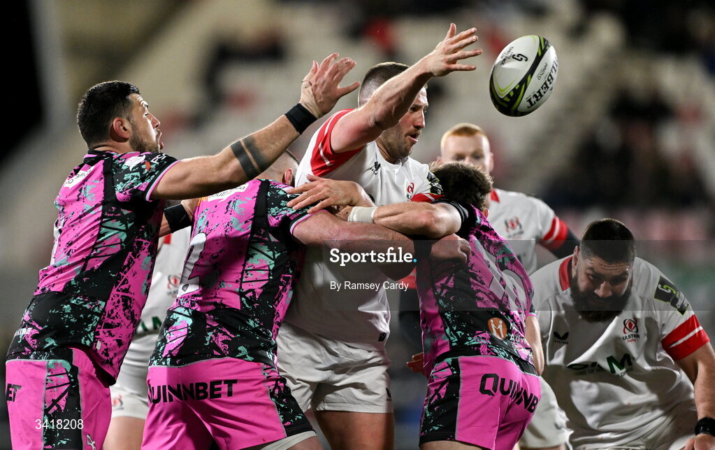 4 April 2026; Stuart McCloskey of Ulster is tackled by Sam Parry, left, and Dan Edwards of Ospreys during the EPCR Challenge Cup match between Ulster and Ospreys at Affidea Stadium in Belfast. Photo by Ramsey Cardy/Sportsfile