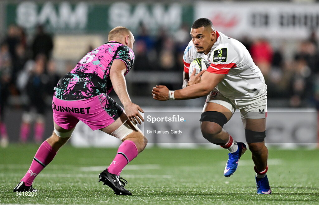 4 April 2026; Juarno Augustus of Ulster during the EPCR Challenge Cup match between Ulster and Ospreys at Affidea Stadium in Belfast. Photo by Ramsey Cardy/Sportsfile