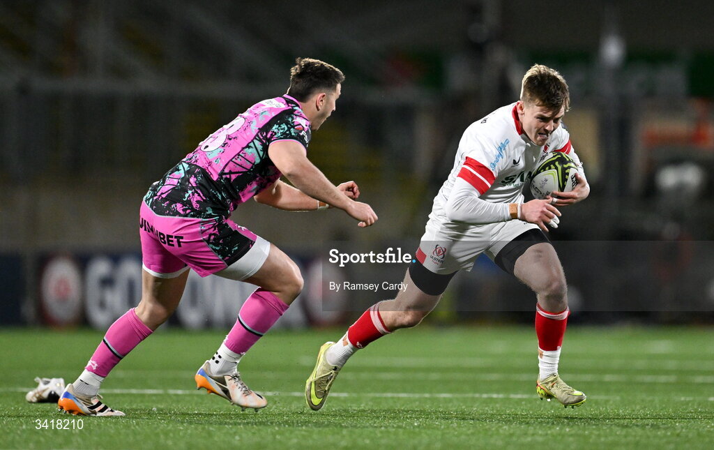 4 April 2026; Jake Flannery of Ulster during the EPCR Challenge Cup match between Ulster and Ospreys at Affidea Stadium in Belfast. Photo by Ramsey Cardy/Sportsfile
