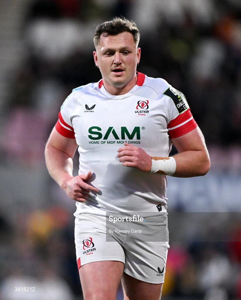 4 April 2026; Angus Bell of Ulster during the EPCR Challenge Cup match between Ulster and Ospreys at Affidea Stadium in Belfast. Photo by Ramsey Cardy/Sportsfile