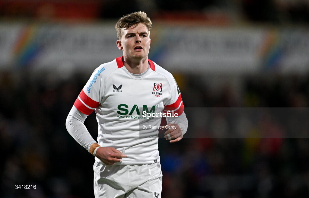 4 April 2026; Jake Flannery of Ulster during the EPCR Challenge Cup match between Ulster and Ospreys at Affidea Stadium in Belfast. Photo by Ramsey Cardy/Sportsfile