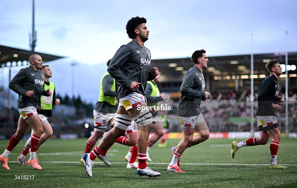 4 April 2026; Cormac Izuchukwu of Ulster before the EPCR Challenge Cup match between Ulster and Ospreys at Affidea Stadium in Belfast. Photo by Ramsey Cardy/Sportsfile