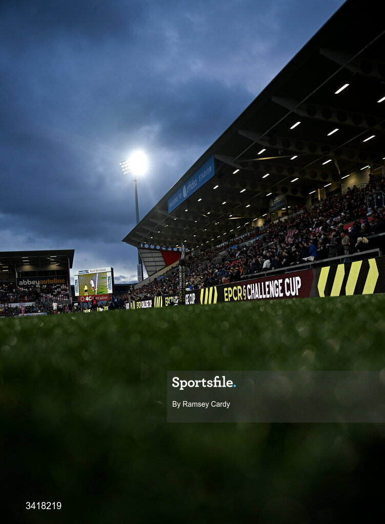4 April 2026; A general view of Challenge Cup branding during the EPCR Challenge Cup match between Ulster and Ospreys at Affidea Stadium in Belfast. Photo by Ramsey Cardy/Sportsfile