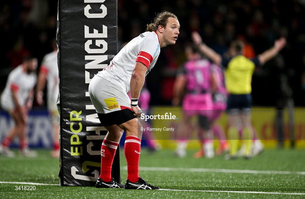 4 April 2026; Werner Kok of Ulster during the EPCR Challenge Cup match between Ulster and Ospreys at Affidea Stadium in Belfast. Photo by Ramsey Cardy/Sportsfile