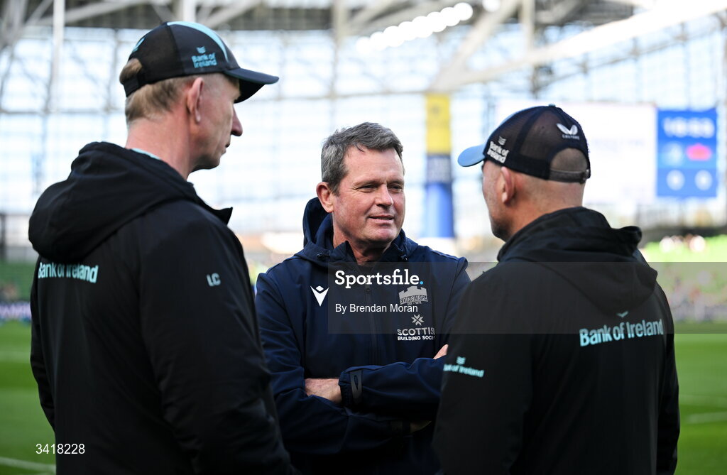 5 April 2026; Edinburgh head coach Sean Everitt, centre, with Leinster head coach Leo Cullen, left, and Leinster senior coach Jacques Nienaber before the Investec Champions Cup match between Leinster and Edinburgh at the Aviva Stadium in Dublin. Photo by Brendan Moran/Sportsfile