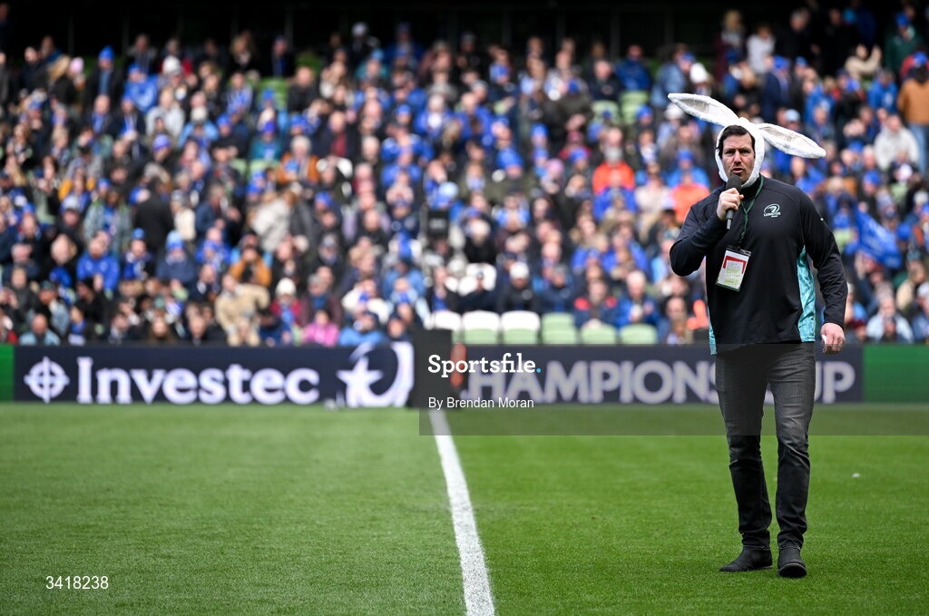 5 April 2026; MC Mike McCarthy before the Investec Champions Cup match between Leinster and Edinburgh at the Aviva Stadium in Dublin. Photo by Brendan Moran/Sportsfile