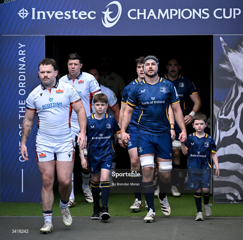5 April 2026; Team captains capain Magnus Bradbury of Edinburgh, left, and Caelan Doris of Leinster lead their teasm onto the pitch before the Investec Champions Cup match between Leinster and Edinburgh at the Aviva Stadium in Dublin. Photo by Brendan Moran/Sportsfile