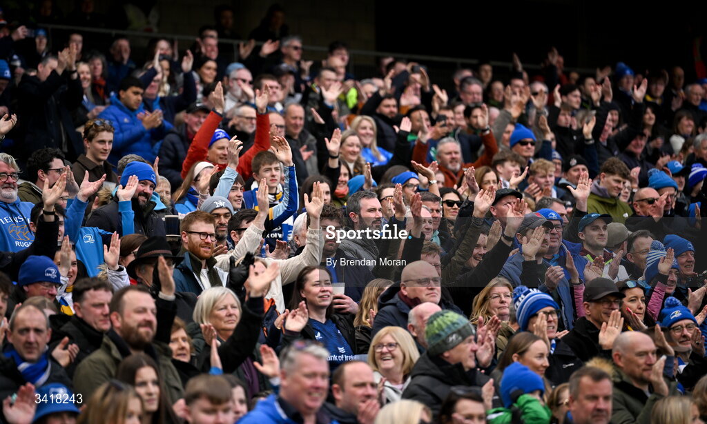 5 April 2026; Leinster supporters during the Investec Champions Cup match between Leinster and Edinburgh at the Aviva Stadium in Dublin. Photo by Brendan Moran/Sportsfile