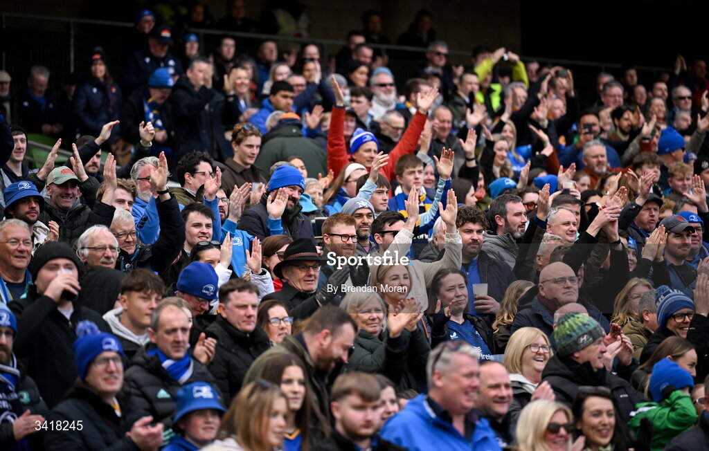 5 April 2026; Leinster supporters during the Investec Champions Cup match between Leinster and Edinburgh at the Aviva Stadium in Dublin. Photo by Brendan Moran/Sportsfile