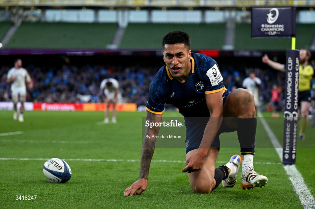 5 April 2026; Rieko Ioane of Leinster after scoring his side's seventh try during the Investec Champions Cup match between Leinster and Edinburgh at the Aviva Stadium in Dublin. Photo by Brendan Moran/Sportsfile