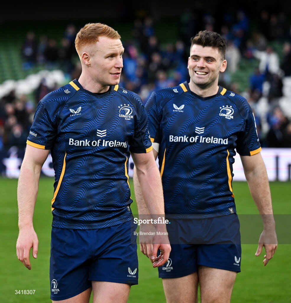 5 April 2026; Ciarán Frawley, left, and Harry Byrne of Leinster after the Investec Champions Cup match between Leinster and Edinburgh at the Aviva Stadium in Dublin. Photo by Brendan Moran/Sportsfile