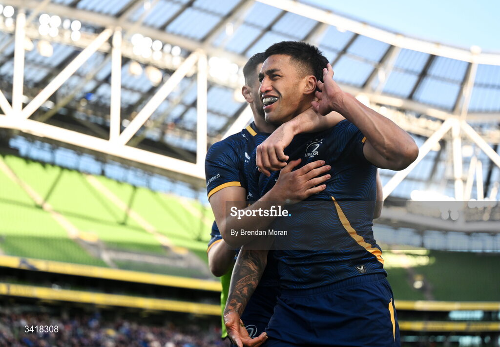 5 April 2026; Rieko Ioane of Leinster celebrates with teammate Max Deegan after scoring their side's seventh try during the Investec Champions Cup match between Leinster and Edinburgh at the Aviva Stadium in Dublin. Photo by Brendan Moran/Sportsfile
