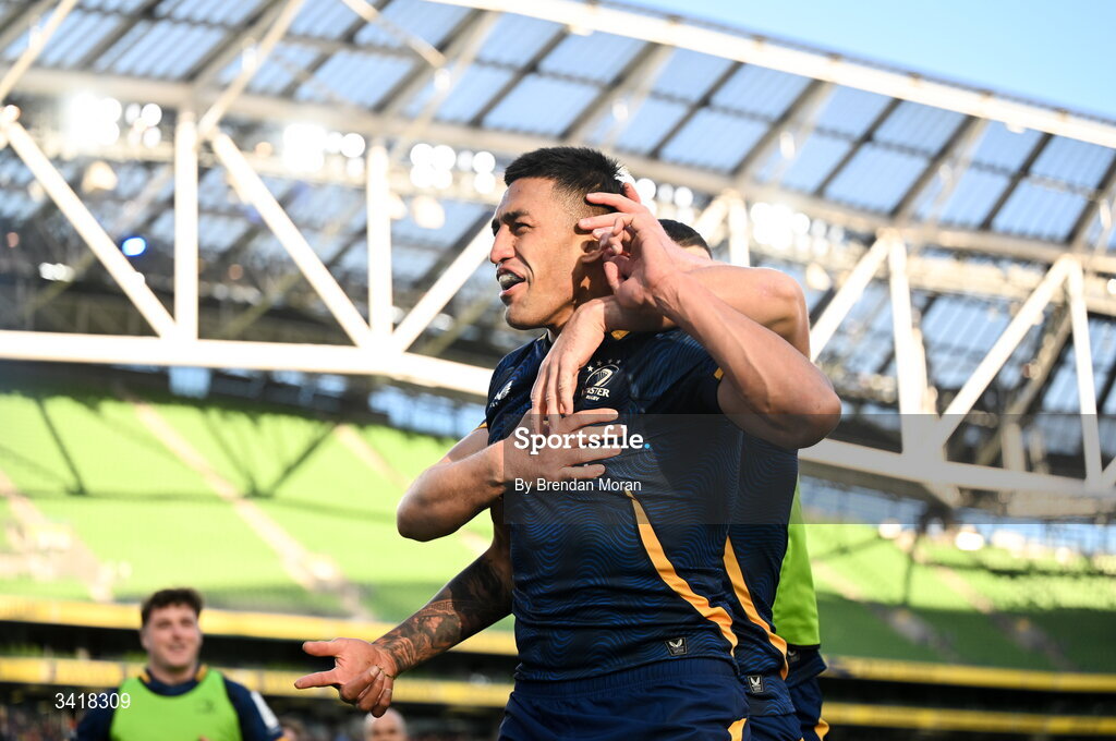 5 April 2026; Rieko Ioane of Leinster celebrates with teammate Max Deegan after scoring their side's seventh try during the Investec Champions Cup match between Leinster and Edinburgh at the Aviva Stadium in Dublin. Photo by Brendan Moran/Sportsfile