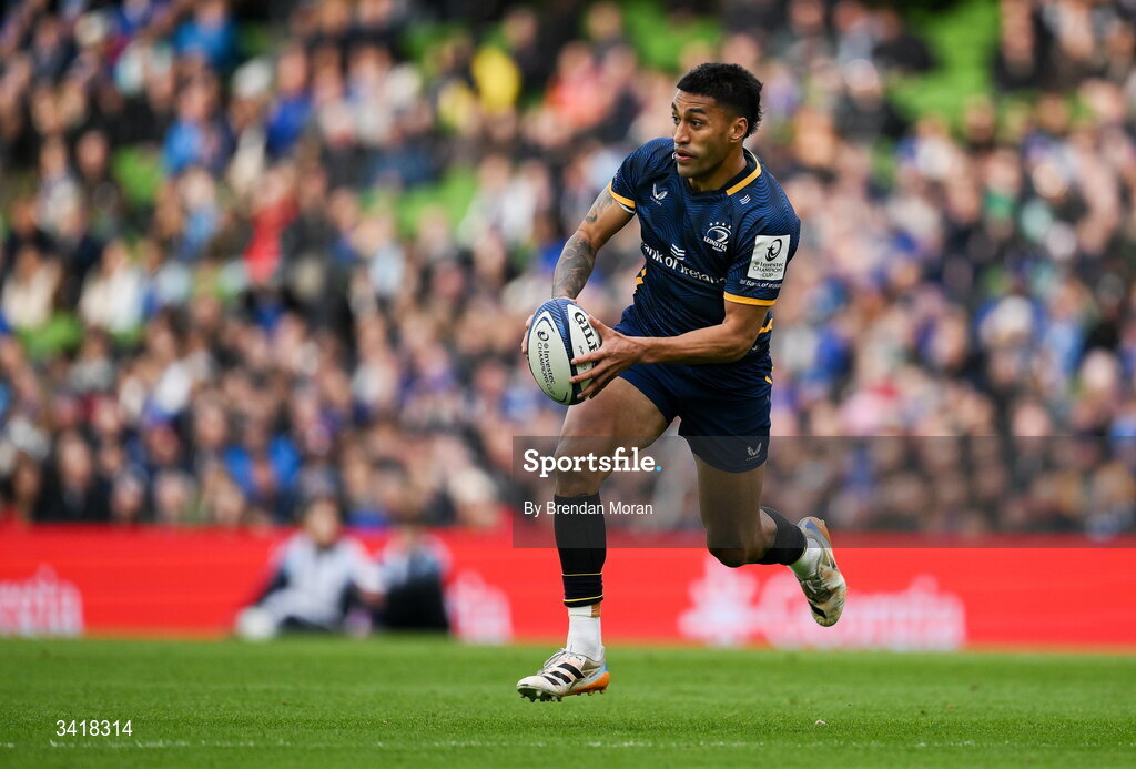 5 April 2026; Rieko Ioane of Leinster during the Investec Champions Cup match between Leinster and Edinburgh at the Aviva Stadium in Dublin. Photo by Brendan Moran/Sportsfile