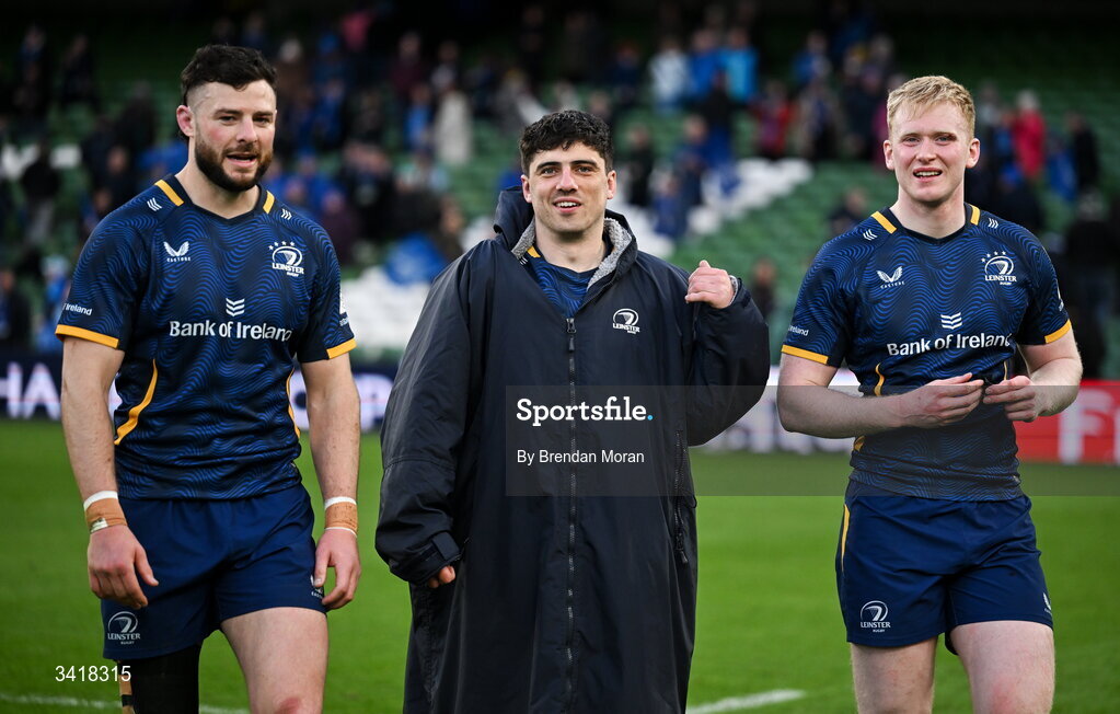 5 April 2026; Leinster players, from left, Robbie Henshaw, Jimmy O'Brien and Jamie Osborne after the Investec Champions Cup match between Leinster and Edinburgh at the Aviva Stadium in Dublin. Photo by Brendan Moran/Sportsfile