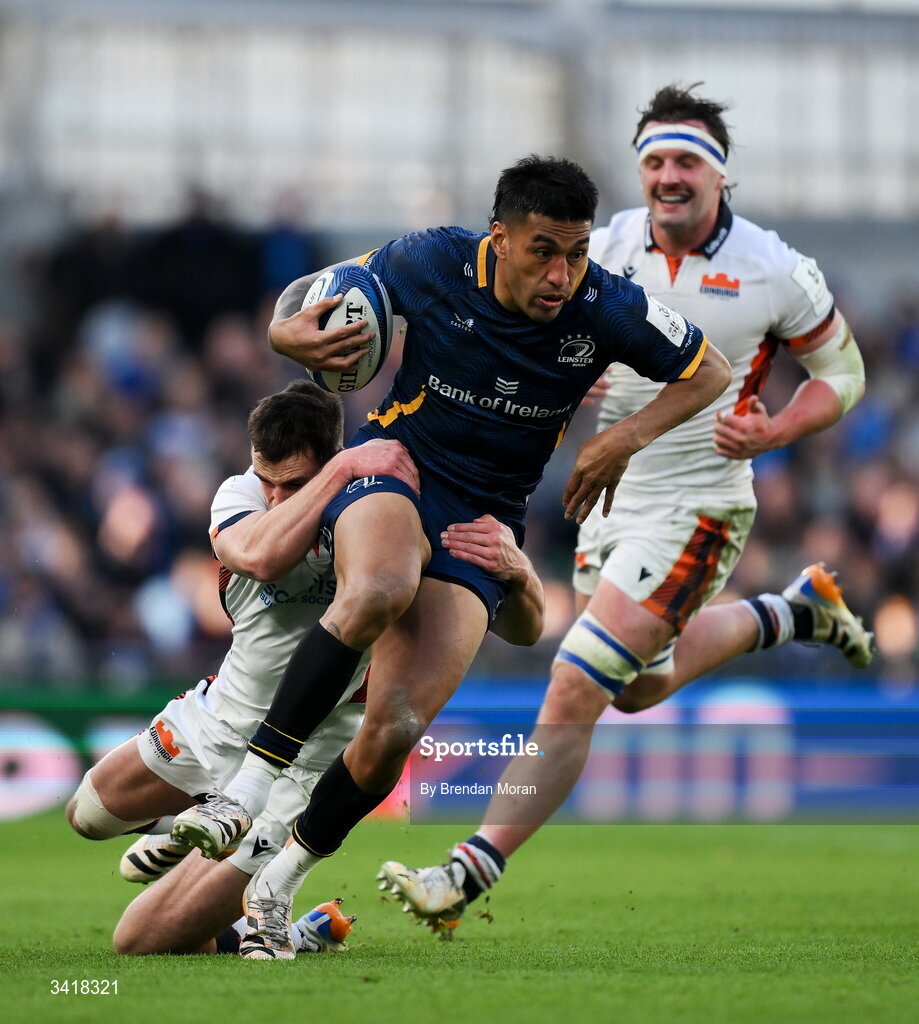 5 April 2026; Rieko Ioane of Leinster is tackled by Matt Currie of Edinburgh during the Investec Champions Cup match between Leinster and Edinburgh at the Aviva Stadium in Dublin. Photo by Brendan Moran/Sportsfile