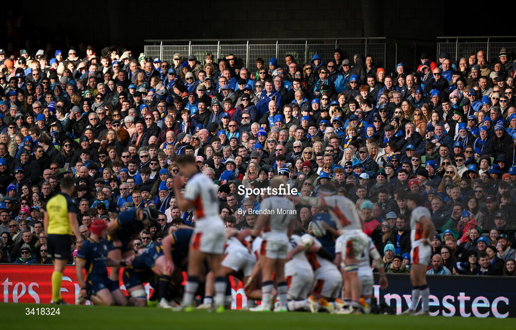 5 April 2026; Leinster supporters during the Investec Champions Cup match between Leinster and Edinburgh at the Aviva Stadium in Dublin. Photo by Brendan Moran/Sportsfile