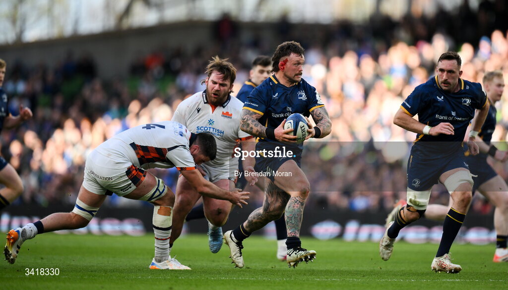 5 April 2026; Andrew Porter of Leinster beats the tackle of Marshall Sykes of Edinburgh during the Investec Champions Cup match between Leinster and Edinburgh at the Aviva Stadium in Dublin. Photo by Brendan Moran/Sportsfile