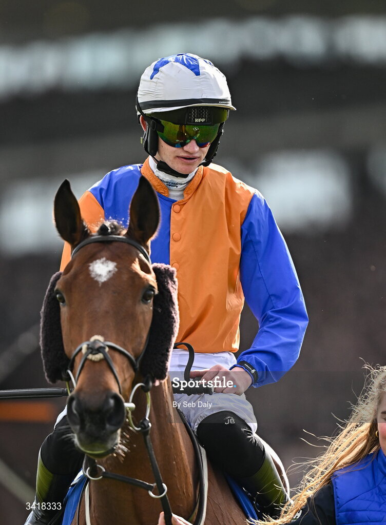 6 April 2026; Jockey Eoghan Finegan and Born Braver before the BOYLE Sports Irish Grand National Steeplechase during day three of the Fairyhouse Easter Festival at Fairyhouse Racecourse in Ratoath, Meath. Photo by Seb Daly/Sportsfile