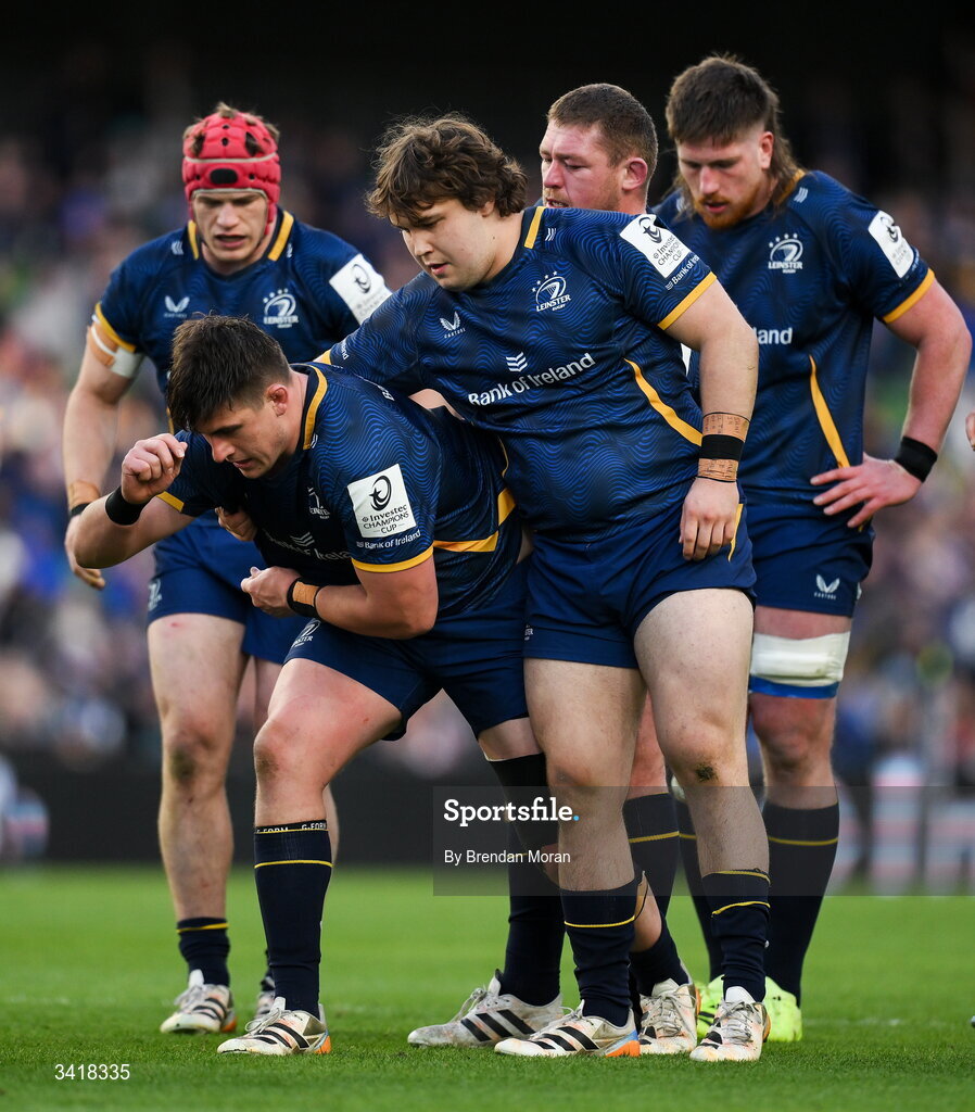 5 April 2026; The leinster front row, Dan Sheehan, Alex Usanov and Tadhg Furlong prepare to pack down for a scrum during the Investec Champions Cup match between Leinster and Edinburgh at the Aviva Stadium in Dublin. Photo by Brendan Moran/Sportsfile