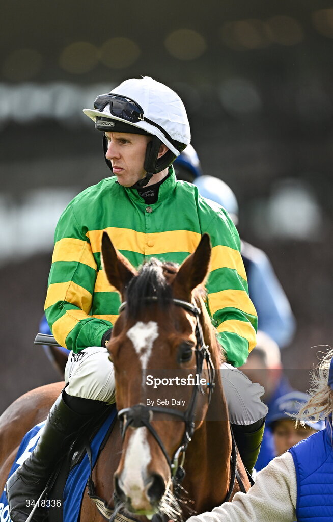 6 April 2026; Jockey Mark Walsh and Showurappreciation before the BOYLE Sports Irish Grand National Steeplechase during day three of the Fairyhouse Easter Festival at Fairyhouse Racecourse in Ratoath, Meath. Photo by Seb Daly/Sportsfile