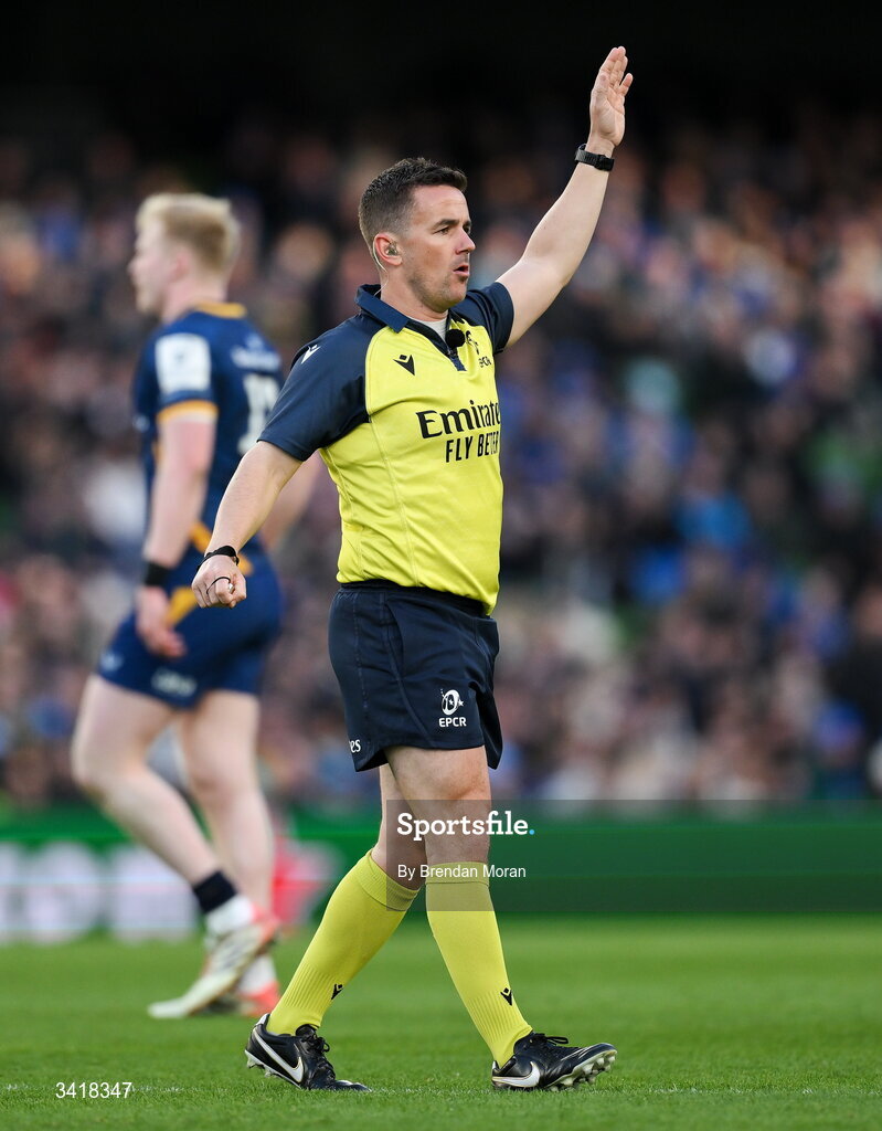 5 April 2026; Referee Luke Pearce during the Investec Champions Cup match between Leinster and Edinburgh at the Aviva Stadium in Dublin. Photo by Brendan Moran/Sportsfile