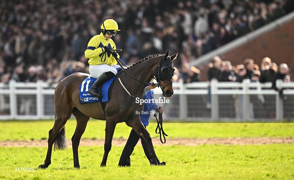 6 April 2026; Jockey Jonjo O'Neill Jr and Monbeg Genius before the BOYLE Sports Irish Grand National Steeplechase during day three of the Fairyhouse Easter Festival at Fairyhouse Racecourse in Ratoath, Meath. Photo by Seb Daly/Sportsfile