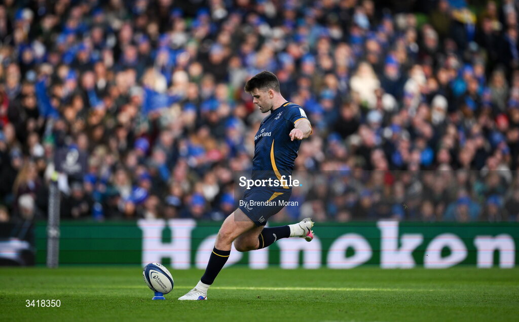 5 April 2026; Harry Byrne of Leinster kicks a conversion during the Investec Champions Cup match between Leinster and Edinburgh at the Aviva Stadium in Dublin. Photo by Brendan Moran/Sportsfile