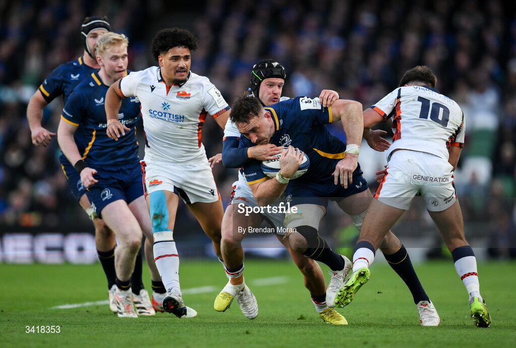 5 April 2026; Jack Conan of Leinster is tackled by Darcy Graham of Edinburgh during the Investec Champions Cup match between Leinster and Edinburgh at the Aviva Stadium in Dublin. Photo by Brendan Moran/Sportsfile